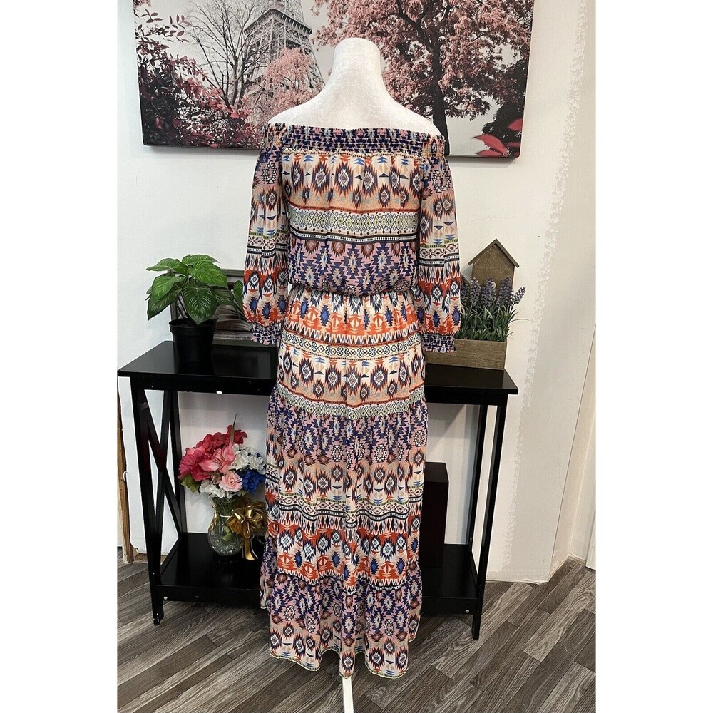 New York & Company Women Blouson Long Dress XS off shoulder  AZTEC PRINT - Picture 5 of 12